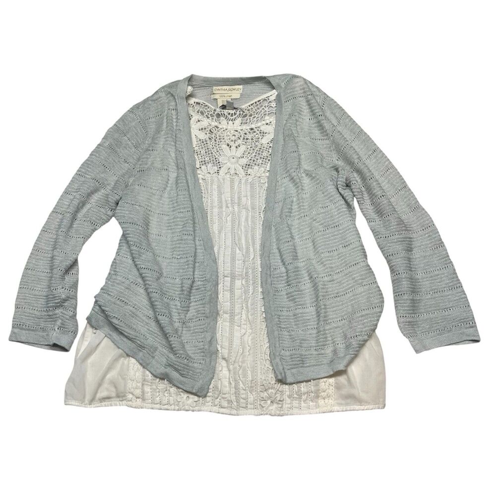 Cynthia Rowley 100% Linen Cardigan Open Front Lace Shirt Set